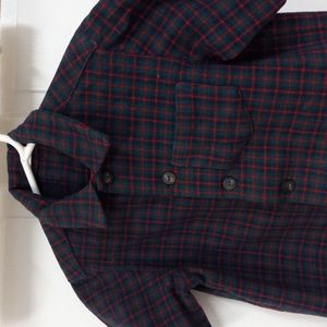 VINTAGE Kids sz M/ L ? Shirt Handmade Plaid Wool Shirt Short Sleeve Blue Red